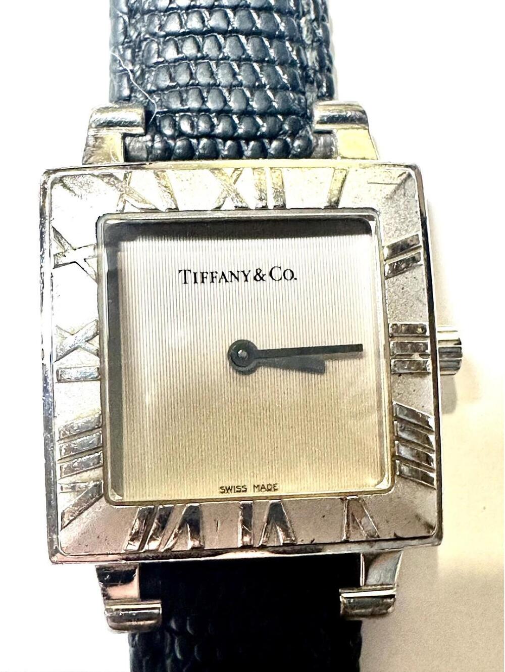 Tiffany Atlas Sterling Silver Ladies Watch Roman Numerals Lizard Strap Very Good